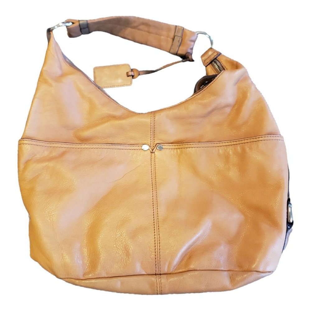 Tignanello Leather Shoulder/ Hobo Purse Camel 4 Front Pocket Striped Lining
